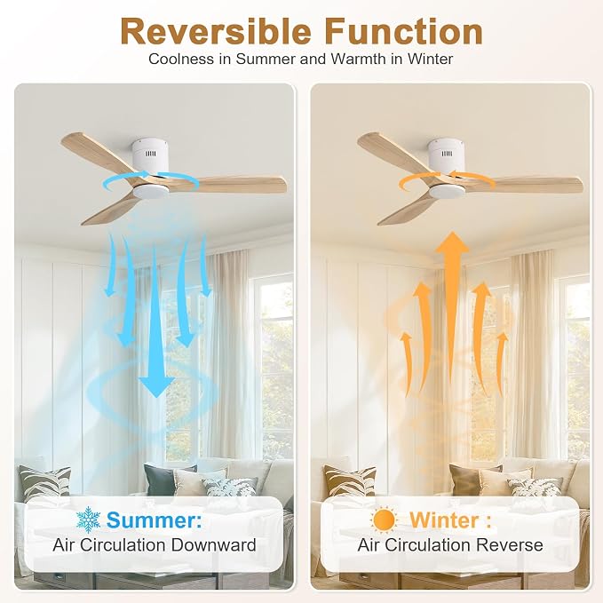 Sofucor Ceiling Fan No Light 52 Inch Flush Mount Ceiling Fan, Quiet Reversible DC Motor, Solid Wood Indoor Outdoor Ceiling Fan with Remote Control, 6-Speed for Bedroom Patio Farmhouse