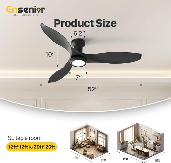 Ensenior 52 Inch Flush Mount Ceiling Fan with Light and Remote, Black Low Profile Ceiling Fans with Lights for Bedroom Living Room, 3 ABS Blades, Modern Quiet Reversible DC Motor, 3CCT, 6 Speeds