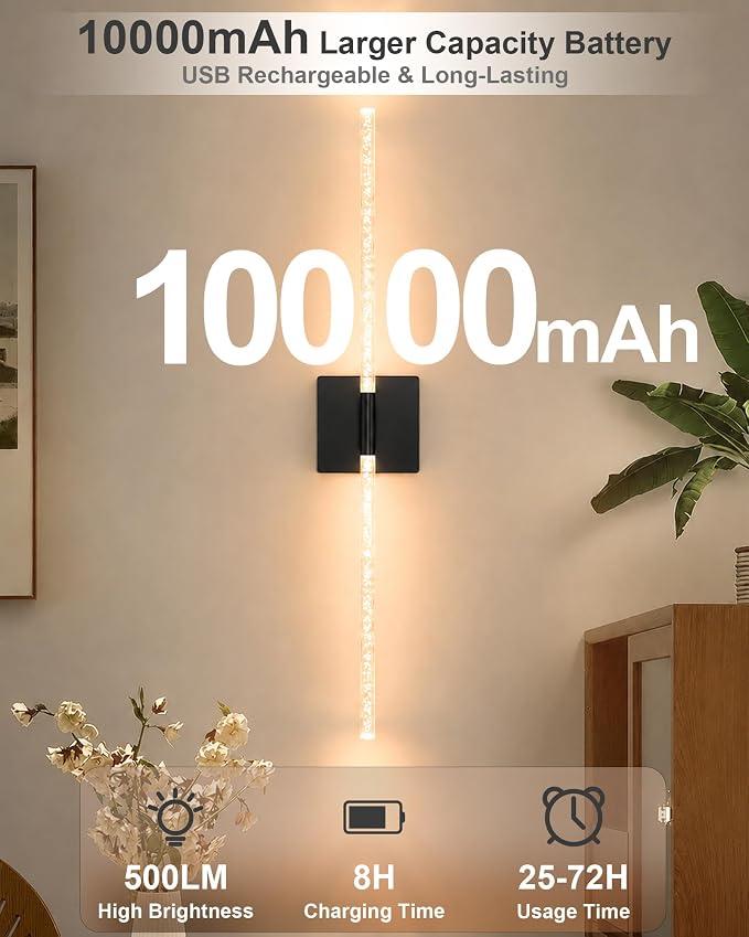 iThird Wall Sconces Battery Operated Set of 2: Wireless Rechargeable Wall Sconce with Touch&Remote, Dimmable Wall Lights Scone for Bedroom Living Room Hallway, 31inch (Black, Bubble Crystal)