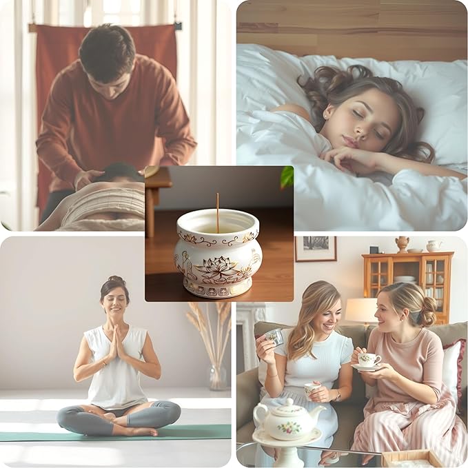 Ceramic Incense Burner Pot, Small Incense Bowl with Sticks and Brass Stand, Decorative Lotus Incense Holder Censer for Meditation Praying Buddha 4 Inch