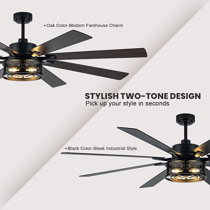 Dawn Whisper 72 Inch Ceiling Fans with Lights Black Farmhouse Ceiling Fan with Remote Quiet Reversible DC Motor 6 Speeds 8 Blades
