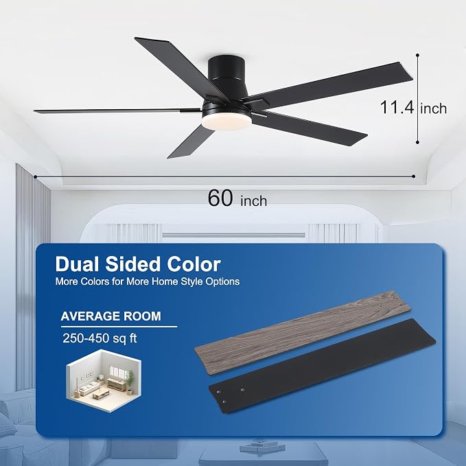 Rayqueen 60 Inch Flush Mount Black Ceiling Fans with Lights and Remote | 6 Speed Reversible DC motor,3-color temperature dimmable LED.For indoor/covered outdoor.Modern style for bedroom room