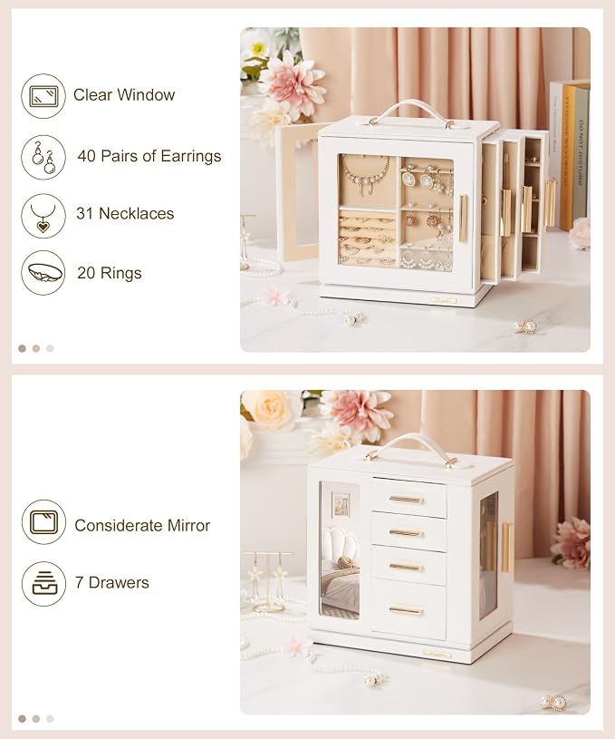 Homde Rotating Jewelry Box for Women: 7-Drawer Organizer with Clear Window | 4-Side Access Sorts Daily Jewelry - Jewelry Lovers Find Favorites Fast on Vanities - Display for Earring Ring Necklace