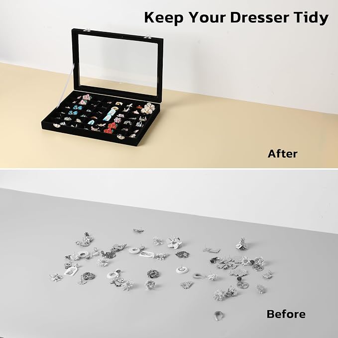 Frebeauty 48 Grid Earring Organizer,Velvet Jewelry Tray with Clear Lid | Drawer Jewelry Organizer for Rings Studs Beads,Adjustable Dividers,Dustproof,Earring Storage,Trinket Box,13.8×9.5Inches