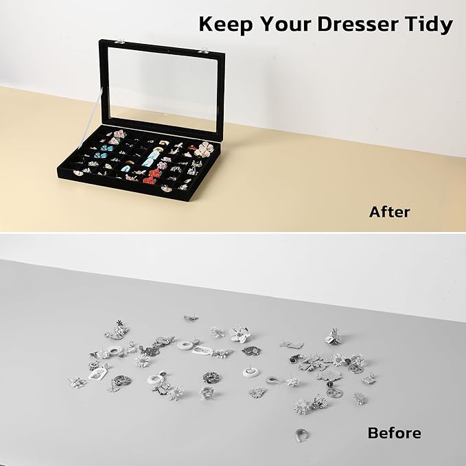 Frebeauty 40 Grid Earring Organizer,Velvet Jewelry Tray with Clear Lid | Drawer Jewelry Organizer for Rings Studs Beads,Adjustable Dividers,Dustproof,Earring Storage,Trinket Box,13.8×9.5Inches
