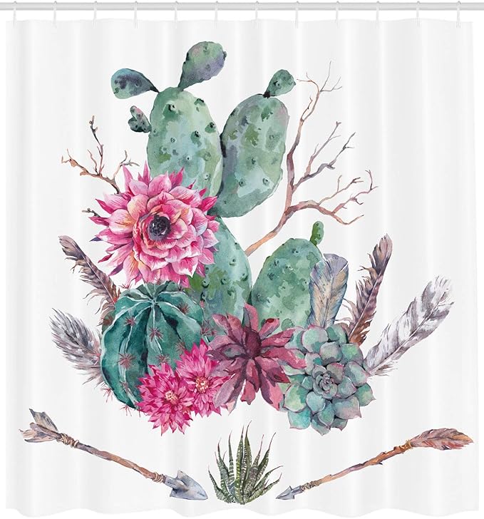 Ambesonne Cactus Shower Curtain, Exotic Natural Vintage Style Watercolor Bouquet Bohemian Arizona Vegetation, Cloth Fabric Bathroom Decor Set with Hooks, 69" W x 84" L, Green Pink Brown