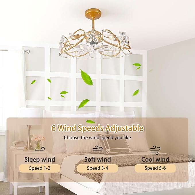Ganeed 20.5“ Gold Crystal Fandelier Ceiling Fans with Lights, Crystal Diamond Flower Chandelier Ceiling Fan with Remote Control, Modern Caged Fandelier 6 Speeds for Girl's Bedroom, Living Room