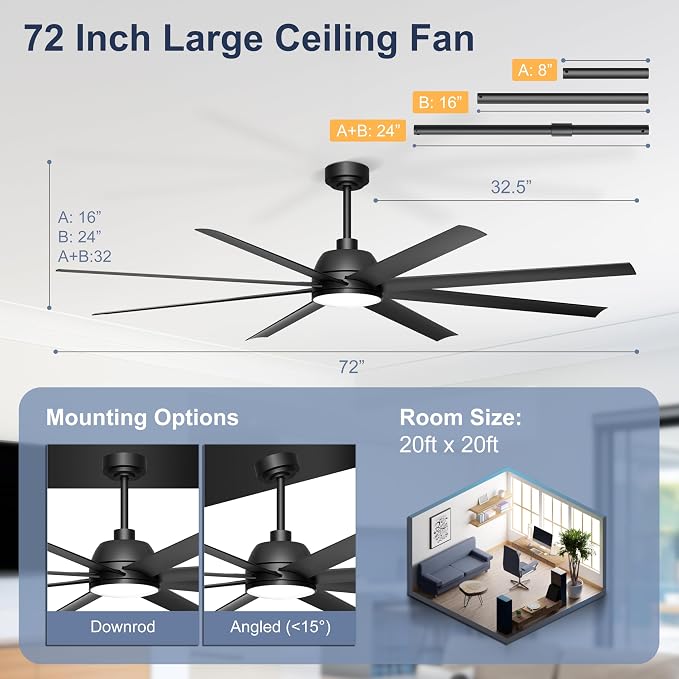 72'' Ceiling Fan with Light - Remote & APP Control, 3 CTT Dimmable, 6 Speed Reversible DC Motor Fan for Shop, Garage, Covered Outdoor, Black