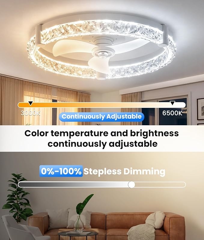 Ceiling Fans with Lights and Remote App 20'' Low Profile Ceiling Fan 3000-6500K Dimmable Modern Flush Mount Ceiling Fan Light LED 6 Speeds Fandelier Ceiling Fans for Bedroom Small Living Room