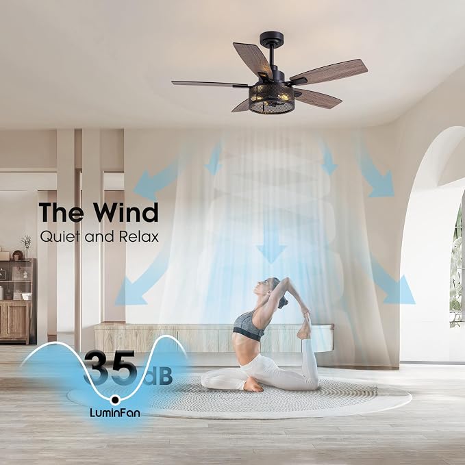 LuminFan 46 Inch Ceiling Fans with Lights and Remote Control, Farmhouse Ceiling Fan for Bedroom Living Room and Patio, Black Caged Ceiling Fan for Indoor and Outdoor