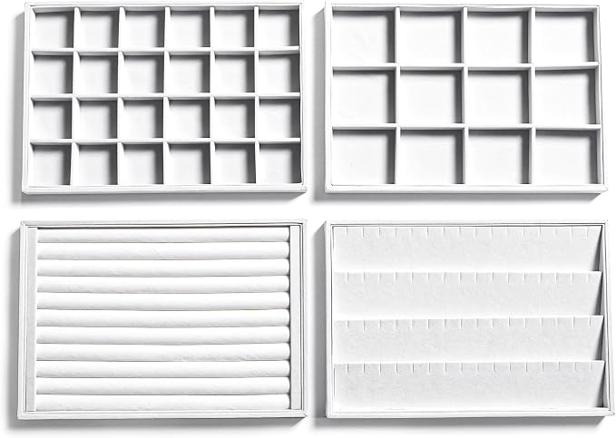 Frebeauty Jewelry Trays for Drawer,Set of 4 Jewelry Organizer and Storage | Velvet Material,Stackable,Adjustable Dividers,Drawer Inserts for Rings Studs Bracelet,Earring Organizer for Women Girls