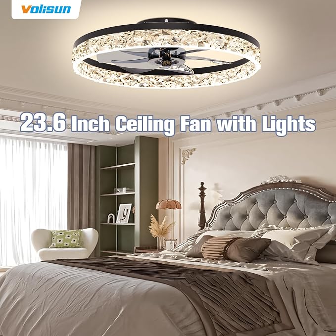 VOLISUN Fandelier Ceiling Fans with Light, 23.6in Low Profile Ceiling Fan with Light and Remote, 3000K-6500K Dimmable Bladeless Ceiling Fan Flush Mount, Black Modern Ceiling Fan with Light for Bedroom