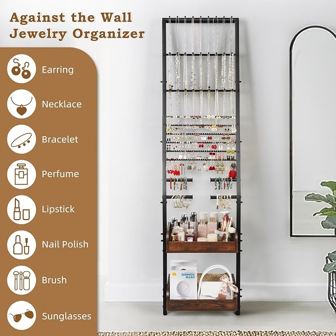 Keebofly Jewelry Holder Organizer, Large Jewelry Organizer with Necklace Holder Earring Storage, Floor Hanging Jewelry Stand with Display for Earring Necklace Ring Bracelet Watch