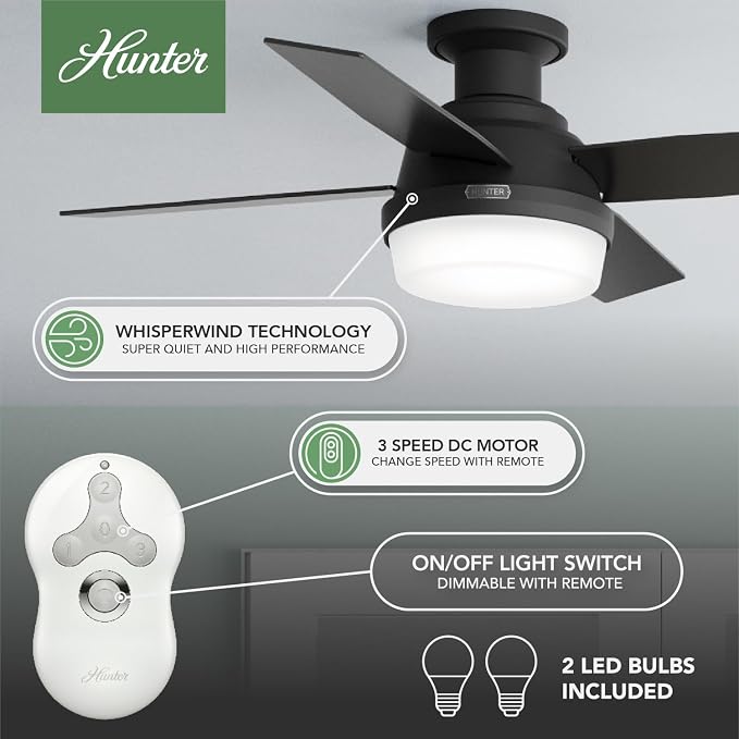 Hunter Dempsey, Indoor, Ceiling Fan, Modern, Quiet, 44 inch, Matte Black | with LED Light and Remote Control, Low Profile Mount, 4 Blades, For Bedroom, Living Room, Kitchen, 52390