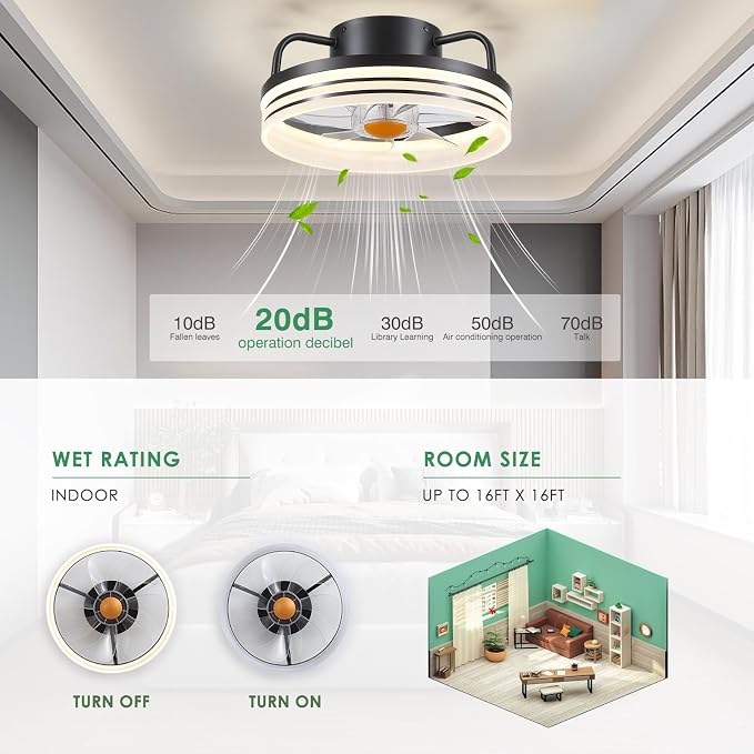 Mpayel Ceiling Fans with Lights and Remote - Flush Mount Low Profile Ceiling Fans - 13” Bladeless Enclosed Ceiling Fans with Led Light and Stepless Dimming, Small Modern Ceiling Fan for Bedroom