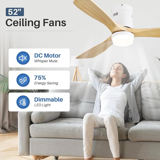 Sofucor 52 Inch Ceiling Fans with Lights, Solid Wood Ceiling Fan with Light Remote Control, Flush Mount Indoor/Outdoor Ceiling Fans, Reversible DC Motor, 3 Blade Ceiling Fan Light for Bedroom Patio