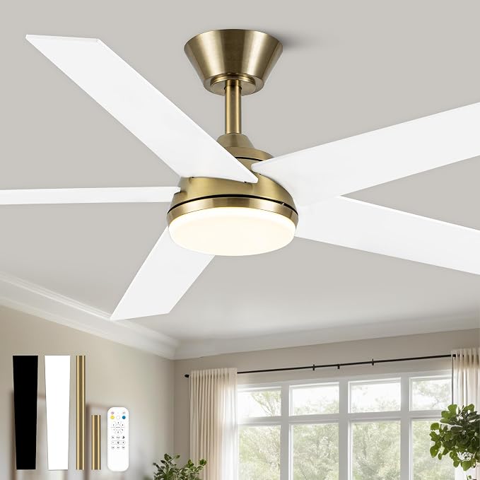 Bella Depot 52 Inch White and Gold Ceiling Fan with Light, Modern Brass Ceiling Fan with Dimmable LED Light, Chandelier Fan with Quiet DC Motor for Living Room, Bedroom, Kitchen
