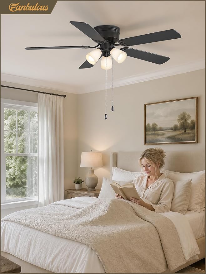 Fanbulous 52" Farmhouse Ceiling Fan with Light, Remote & Pull Chain Control | Shatterproof PP Shades, DC Quiet Motor, 6-Speed Timer, Low Profile Flush Mount for Bedroom, Living Room, Kitchen, Black