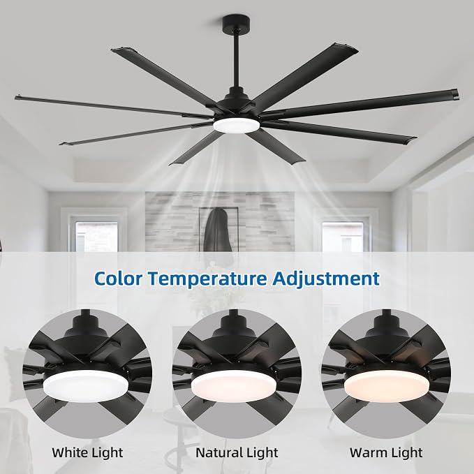 96 Inch Industrial Ceiling Fan with Light and Remote Control, Large Ceiling Fans with 8 Reversible Aluminum Blades, 3CCT, 6-Speed,Commercial Ceiling Fan for Porch/Garage/Shop