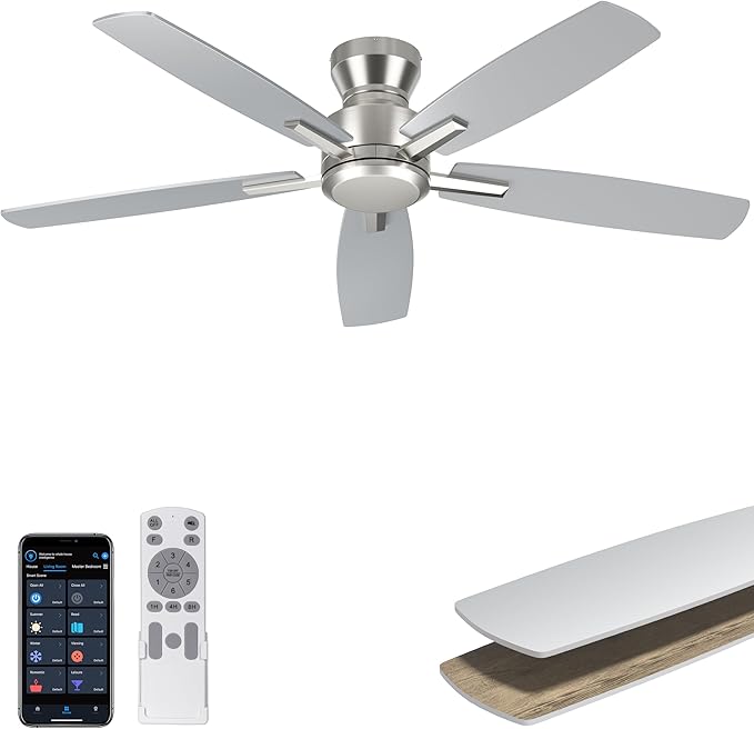 Ohniyou 52 Inch Ceiling Fan No Light, Low Profile Ceiling Fan with Remote and App Control, Flush Mount Ceiling Fan without Light for Bedroom Living Room Covered Patios, Quiet DC Motor, Silver