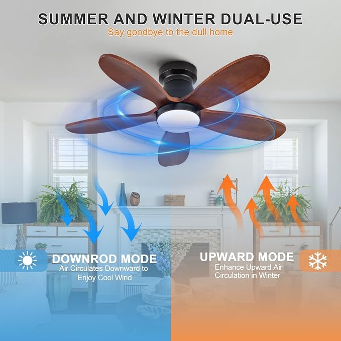 42 Inch Ceiling Fans with Lights and Remote, Low Profile Flush Mount Modern Wood Ceiling Fan with Light, 5 Blades, Wall Switch, Indoor Outdoor Ceiling Fan for Patio Dining Room