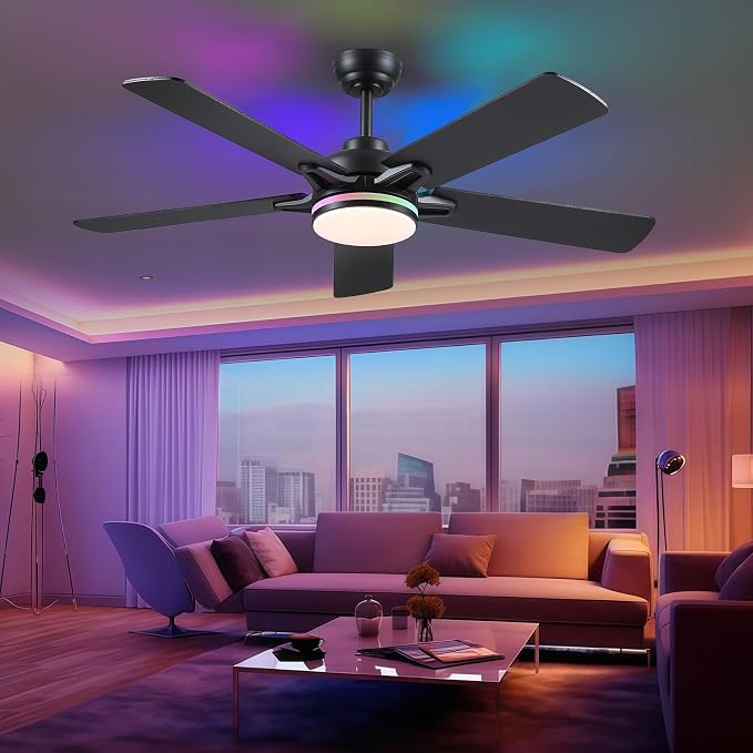 Kviflon 52 Inch Ceiling Fans with Lights, Modern RGB Ceiling Fans, Black Ceiling Fan with Light for Bedroom Living Room, Remote/APP Control, Reversible Quiet DC Motor, Dimmable LED, Wooden Blades