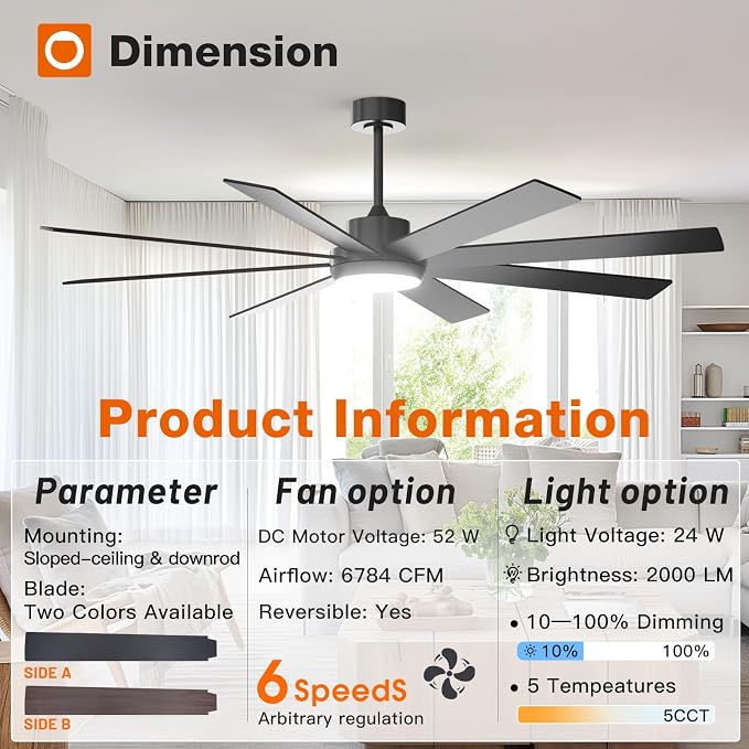 addlon 72 Inch Large Ceiling Fans with Lights, Black Ceiling Fan with Remote Control, Reversible, 5CCT, Dimmable, DC Motor, Modern Ceiling Fan for Living Room, Kitchen, Patio Indoor/Outdoor Use