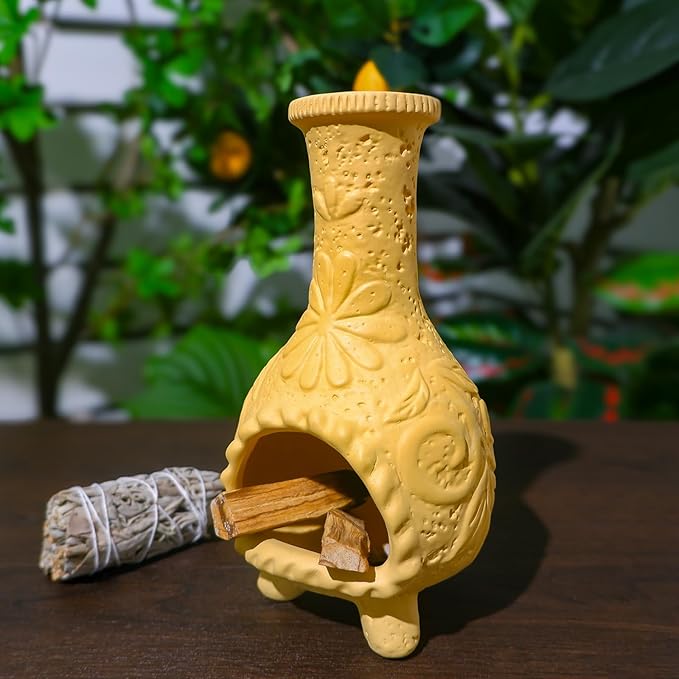 MOUGIGI Yellow Floral Reliefs Palo Santo Burner Holder-Mexican Mini Chiminea Inspired,Chimney for Smudging Sage/Incense Cones/Sticks for Altar/Zen Rituals, Handmade Decor for Witchcraft Supplies