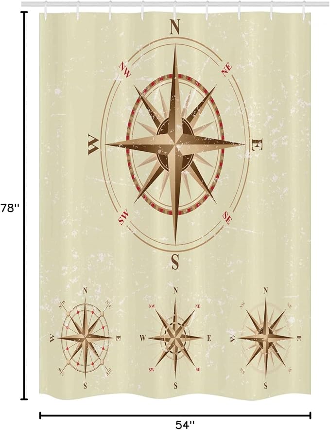 Ambesonne Compass Stall Shower Curtain, 4 Different Compasses in Retro Colors Discovery Equipment Where Nautical Marine, Fabric Bathroom Decor Set with Hooks, 54" W x 78" L, Beige Tan