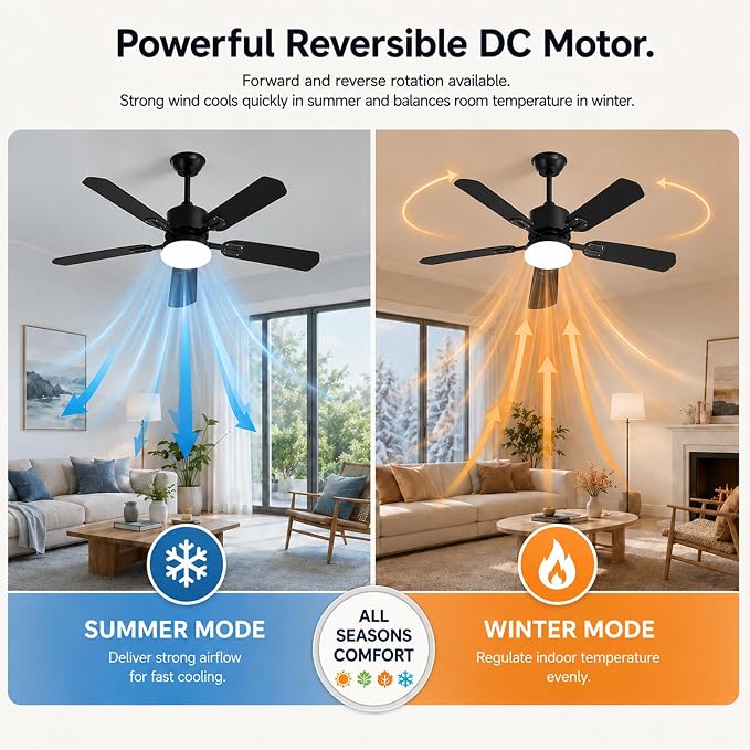 Ceiling Fans with Lights, 42 Inch Low Profile Ceiling Fan and Remote Control, Dual-Sided Blades, 6 Speed Fan, Dimmable Light Flush Mount Ceiling Fan for Bedroom Living Room, Black