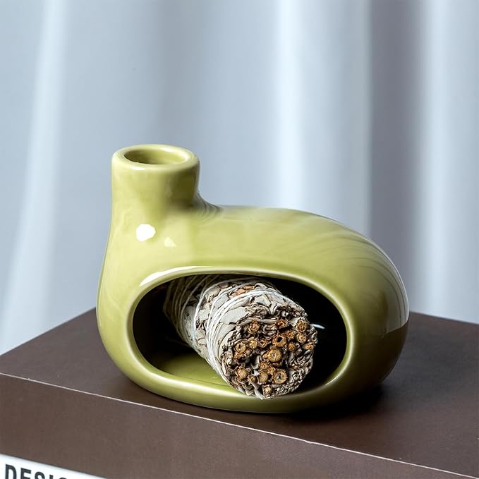 MOUGIGI Palo Santo Holder Burner - Modern Chiminea Incense Dish for Palo Santo Sticks and Cones - Ceramic Meditation Gift with Natural Polished Surface - Perfect for Yoga, Aromatherapy