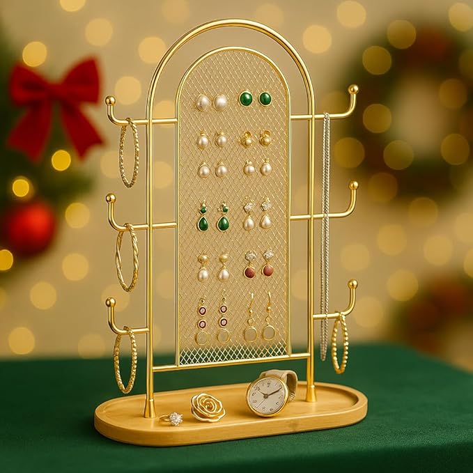 bussdis Jewelry Holder Organizer Earring Display - Earring Storage Tree Stands Towers With 6 Hooks 300 Studs Wood Tray Gold Metal Rack