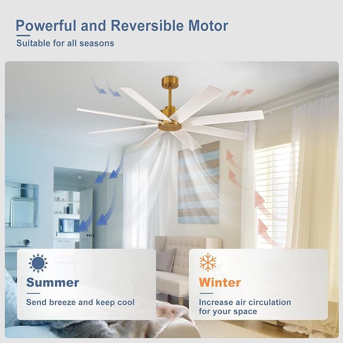 Farmhouse Ceiling Fan with Remote: 60" White and Gold 8-Blade 5-Speed Reversible DC Motor - Large Indoor/Outdoor Fan
