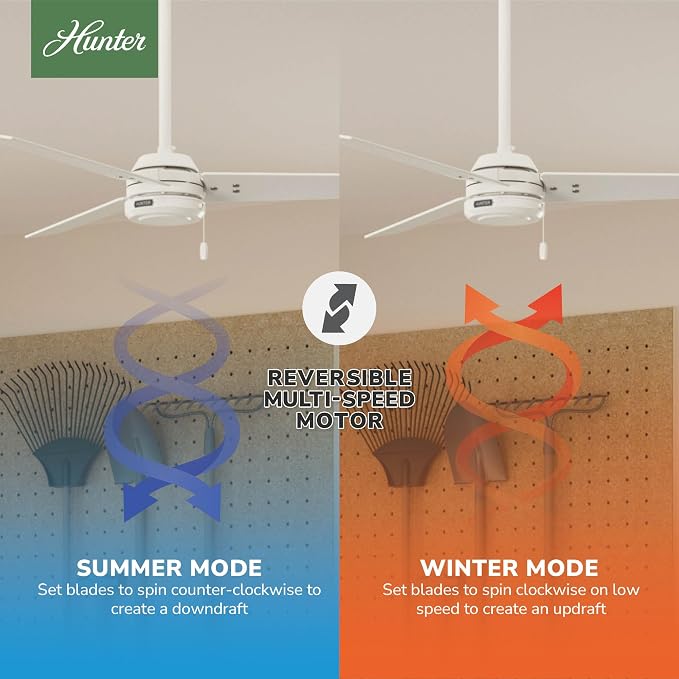 Hunter Cassius, Outdoor or Indoor, Ceiling Fan, 52 inch, Fresh White | No Light, Standard Mount, Pull Chain, 3 Blades, For Living Room, Patio, Porch, Garage, 59263