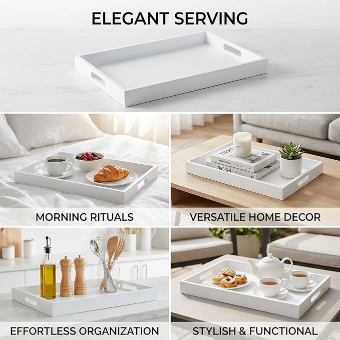 Krismax Wooden Serving Tray with Handles, Serving Platter 15.7x11.4 Inch Food Drinks Tray for Coffee Table,Decorative Storage Tray for Entertaining, Breakfast Tray in Bed,Lunch,Dinner,BBQ(White)