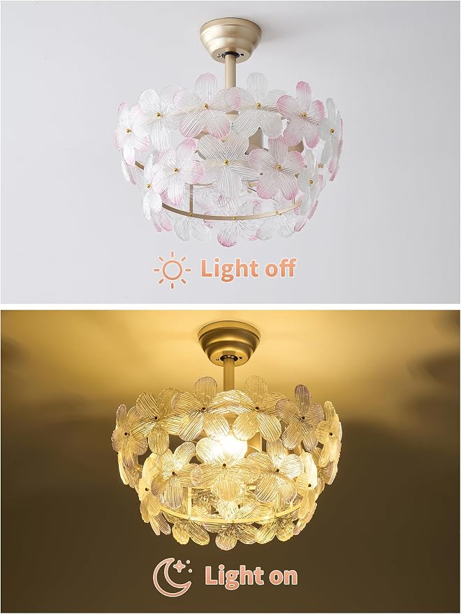 Gold Crystal Fandelier Ceiling Fans with Lights, 20" Gold Flower Chandelier Ceiling Fan with Light Remote Control, Caged Mid Century with 6 Speeds for Bedroom, Nursery, Living Room (Pink)