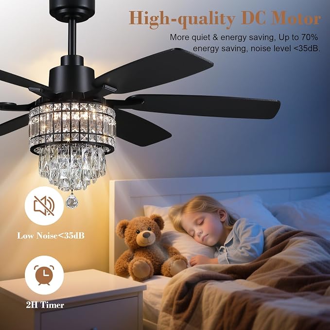 Kviflon 52 Inch Crystal Ceiling Fan with Lights, Black Fandelier Ceiling Fan with Light and Remote/APP Control, Modern Chandelier Ceiling Fan for Bedroom Living Room, Quiet DC Motor, Dimmable LED