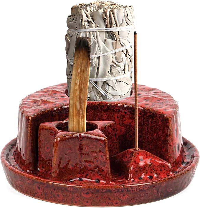 4 in 1 Incense Holder, Incense Burner, Palo Santo Holder, Ceramic Ash Catcher Tray for Meditation Room, Candle Holder for Burning Sage (Speckled Red)
