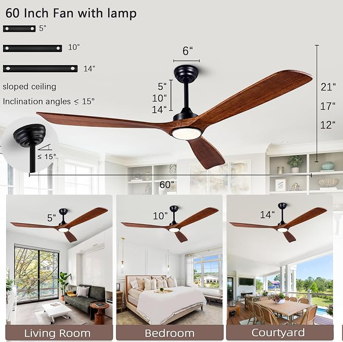 60'' Solid Wood 3Blades Ceiling Fan Light DC Motor APP Remote 3CCT Dimmable | walnut solid wood blades, pure copper quiet dc inverter motor, remote & app control,3cct dimmable led light,indoor farmhouse