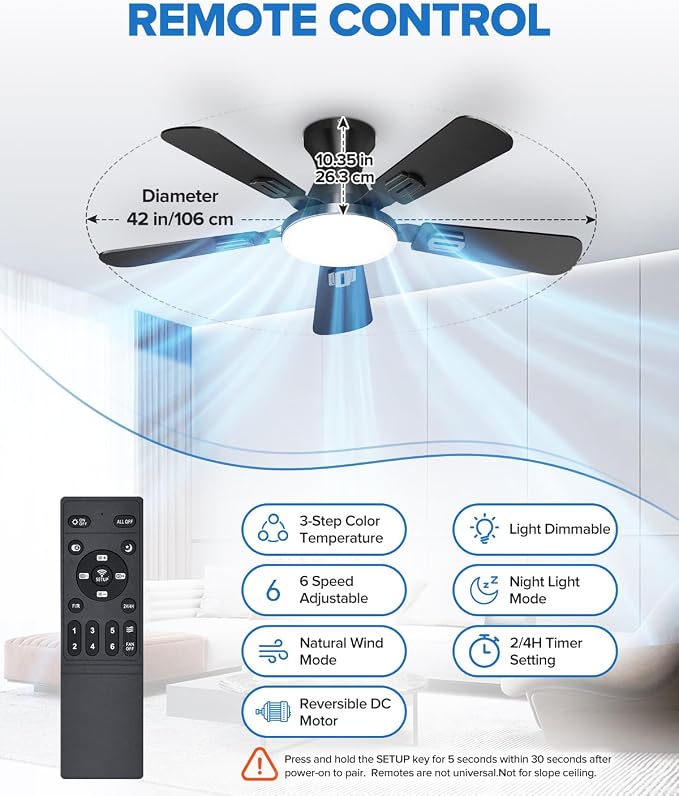 UME 42" Ceiling Fan with Lights & Remote, 6 Blades Low Profile Ceiling Fan, Quiet DC Motor, Natural Wind, 6 Speeds, 3CCT Dimmable 20W LED Modern Ceiling Fan for Bedroom, Living Room, Black
