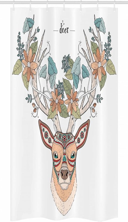 Ambesonne Antlers Stall Shower Curtain, Deer Head with Flowers Blooms Cultural Design Ornamental Illustration, Fabric Bathroom Decor Set with Hooks, 36" W x 72" L, Tan Green Teal