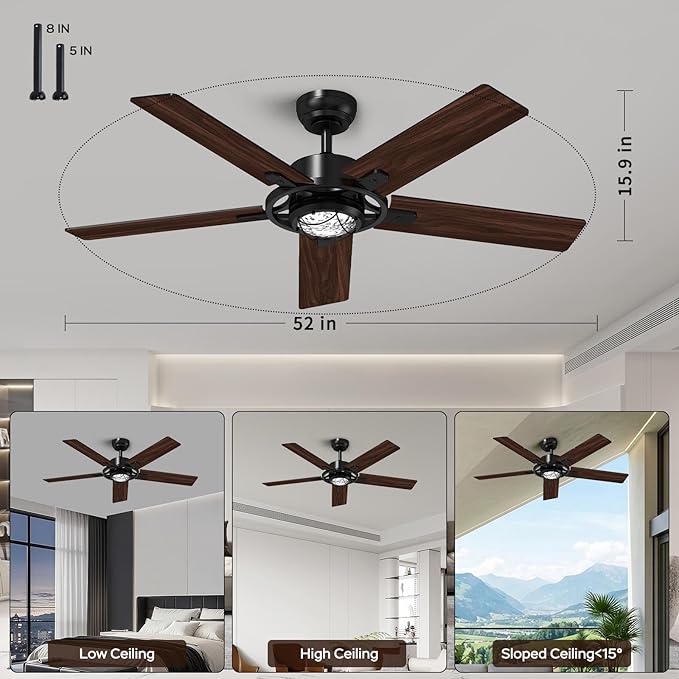 TALOYA 52 Inch Ceiling Fans with Lights and Remote Flush Mount Low Profile for Living Room Farmhouse Bedroom Patio Outdoor Dining Room,DC Motor,Reversible,Buzzer Mute,Dimmable Led Light,Rustic,Black