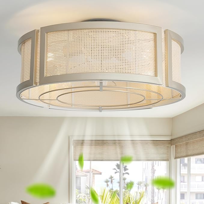 20" Boho Ceiling Fans with Lights, Rattan Flush Mount Ceiling Fan with Light Remote Control with Caged 6 Speeds for Bedroom, Nursery, Living Room (Gold)