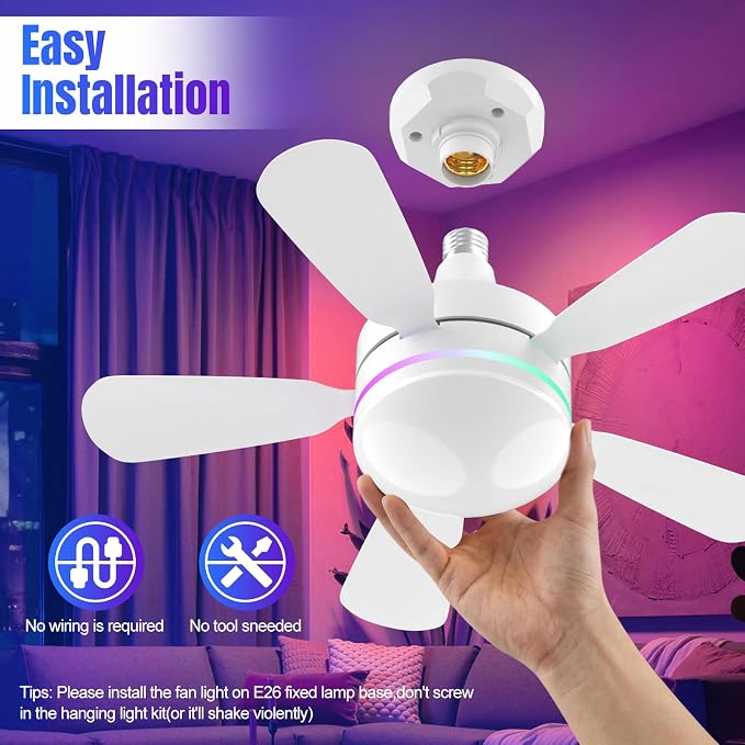 Socket Ceiling Fan with Light, E26 Base 17.5in - 3000LM Ultra Bright, Dimmable 3000K-6500K & RBG, 6 Speeds with Remote, Reversible Motor for Bedroom, Living Room, Kitchen
