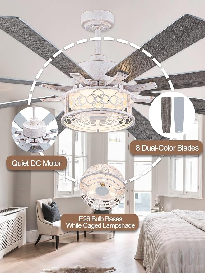 72 in Farmhouse Ceiling Fan with Lights Large Rustic Ceiling Fan | Retro White Caged Fandelier, Industrial Chandelier Light with Remote for Living Room Indoor, Reversible DC Motor 6 Speeds
