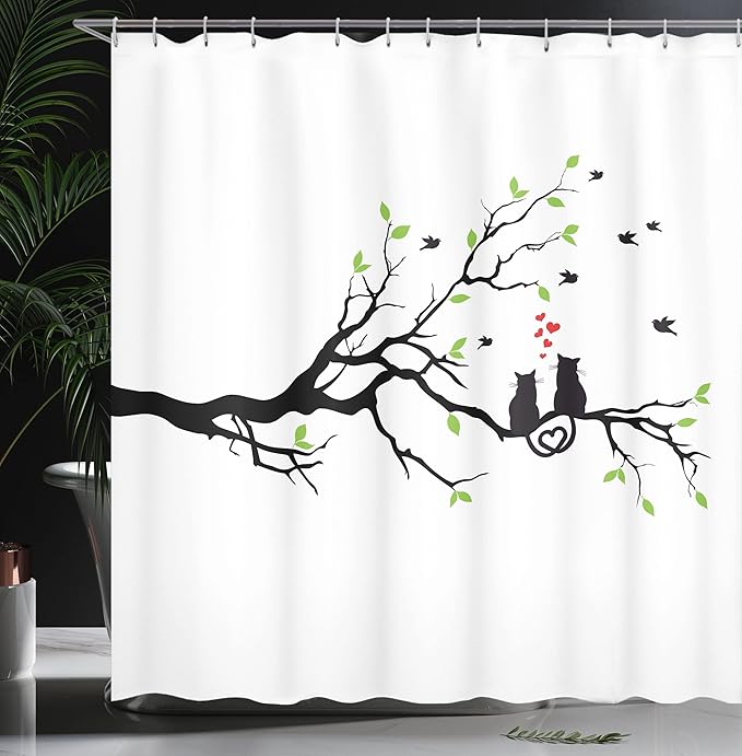 Ambesonne Cat Lover Shower Curtain, Cats in Love on Tree Branch with Flying Birds Nature Romance Illustration, Cloth Fabric Bathroom Decor Set with Hooks, 69" W x 84" L, Lime Green