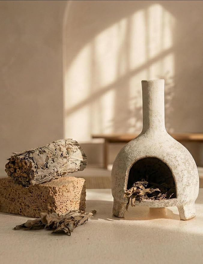 Sculptural Ceramic Incense Holder & Burner, Handmade Textured Clay with White Glaze, for Sage & Palo Santo, Rustic Natural Centerpiece for Wabi-Sabi Yoga & Meditation