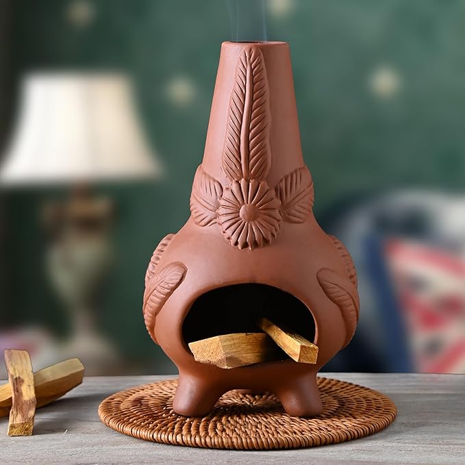 Palo Santo Holder, Ceramic Incense Burner for Wood Sticks, Sage, Cones,Mini Chimenea Palo Santo Burner with Ash Brush for Meditation Yoga Spa Room Decor