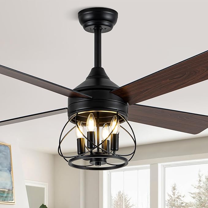 52" Industrial Ceiling Fans with Lights and Remote Control | ReversibleQuiet DC Motor,4 Double Finish Wood Blades,Rustic Ceiling Fan with Light For Porch,Living Rooms,Bedroom