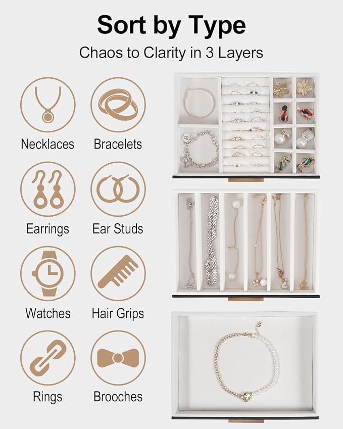 GUOER Jewelry Box for Women, Glass Lid Jewelry Organizer with 3 Drawers PU Jewelry Storage Case for Necklaces Rings Earrings Bracelets, Black